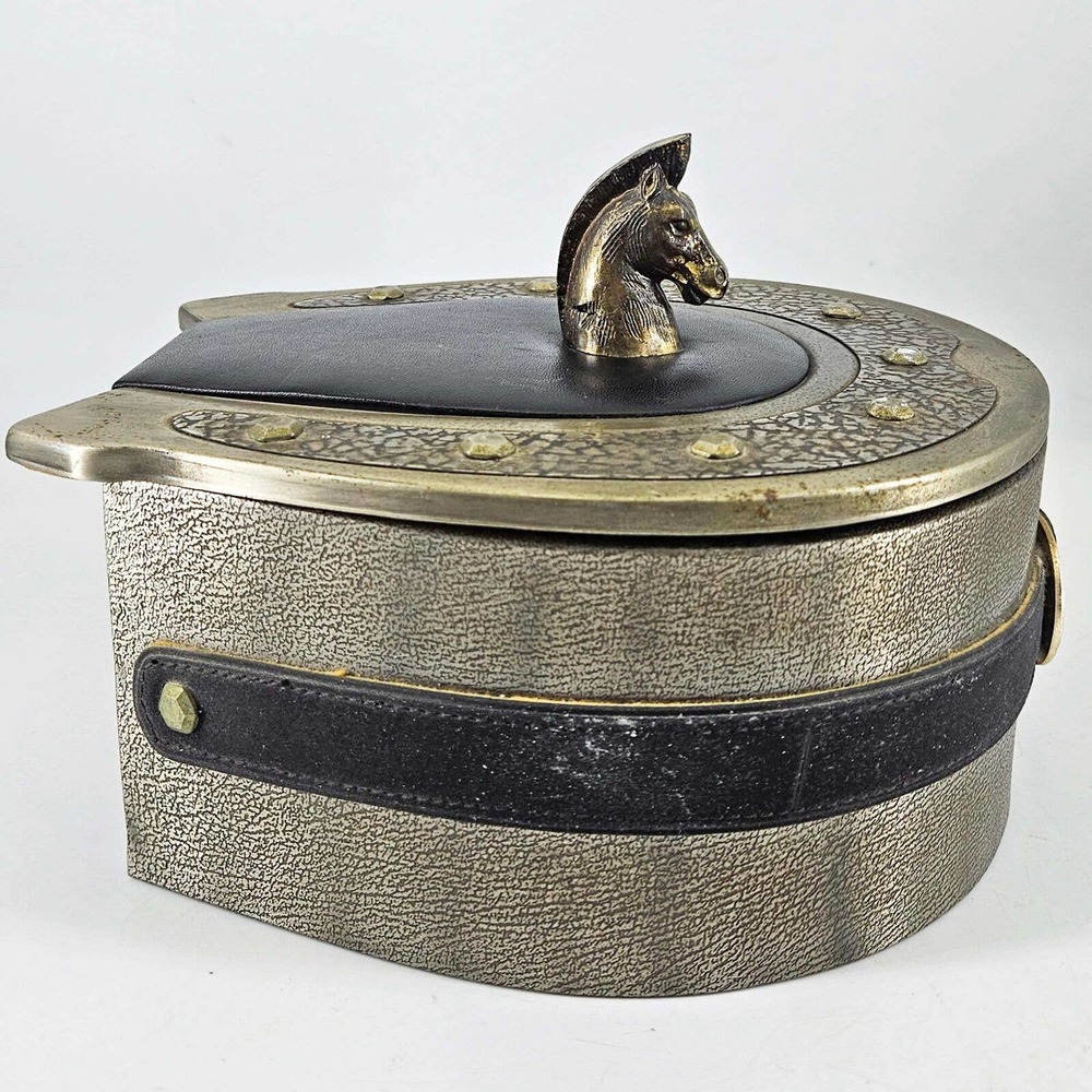 Vintage Horseshoe Metal Leather Horse Finial equestrian Jewelry Box